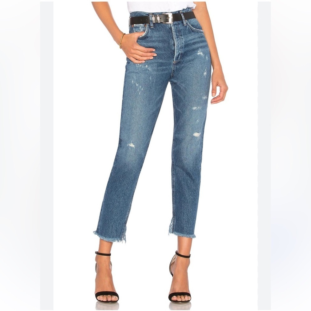 Agolde Raw-Hem FEEL GOOD Cropped Distressed Jeans in Medium Blue